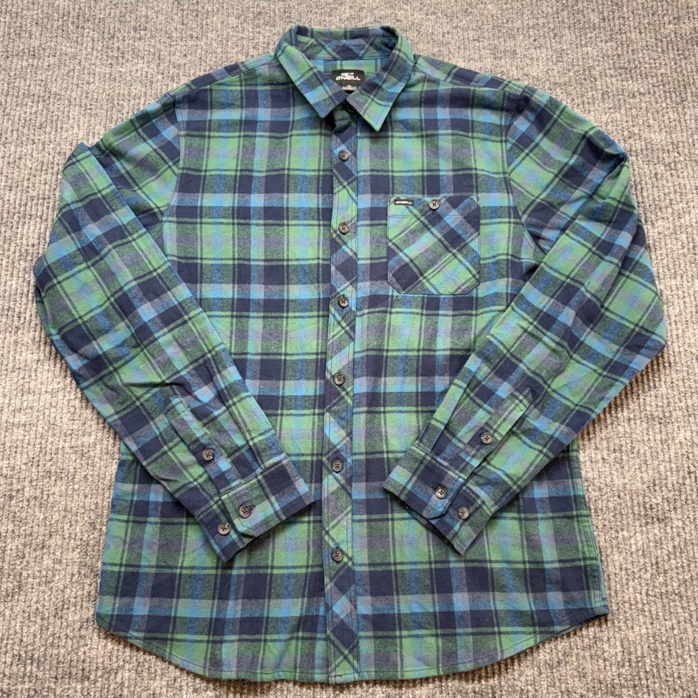 O'Neill Republic Mens Flannel Shirt M Green Navy Plaid 100% Cotton Surf